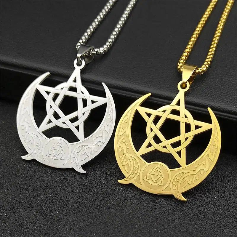 Wicca Triple Moon Pentagram Necklace Witch Trinity Knot Necklace-MoonChildWorld