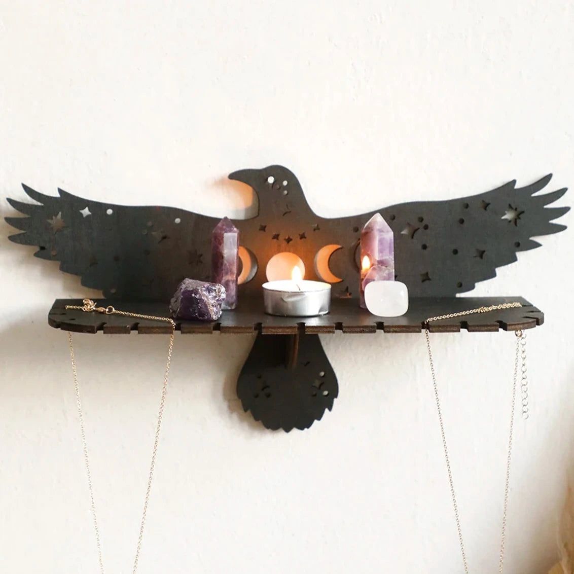 Black Raven Wooden Wall Shelf Gothic Crow Crystal Display Shelf Witchy Room Decoration-MoonChildWorld