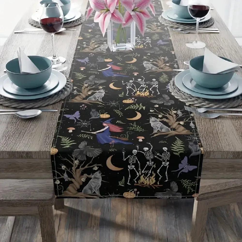 Fantasy Halloween Table Runner with Witch, Skull, Natural Elements-MoonChildWorld