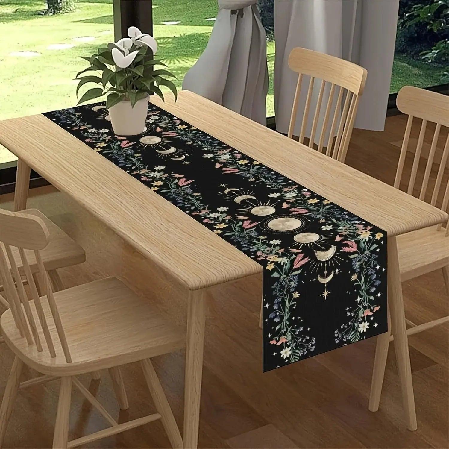 Mystical Moon Phase & Wild Floral Linen Table Runner - Lunar Cycle Table Runner Astrology Home Decor-MoonChildWorld