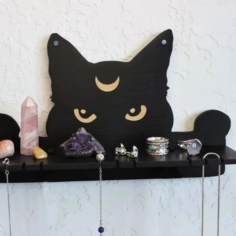 Black cat Crystal Shelf Display Witchy Home Decorations Moon Cat Wooden Shelf-MoonChildWorld