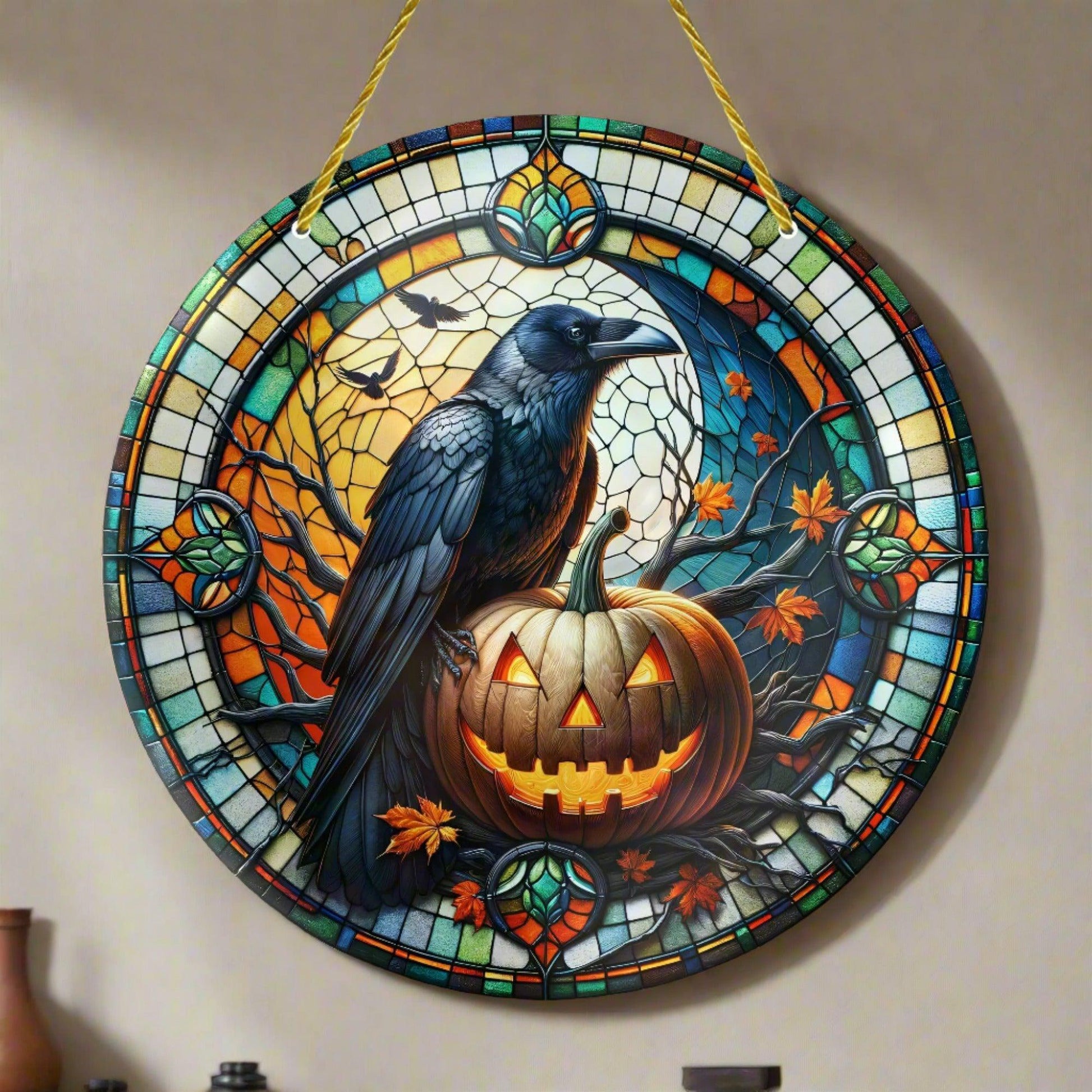 Pumpkin Raven Suncatcher Gothic Crow Acrylic Sign Halloween Decoration-MoonChildWorld