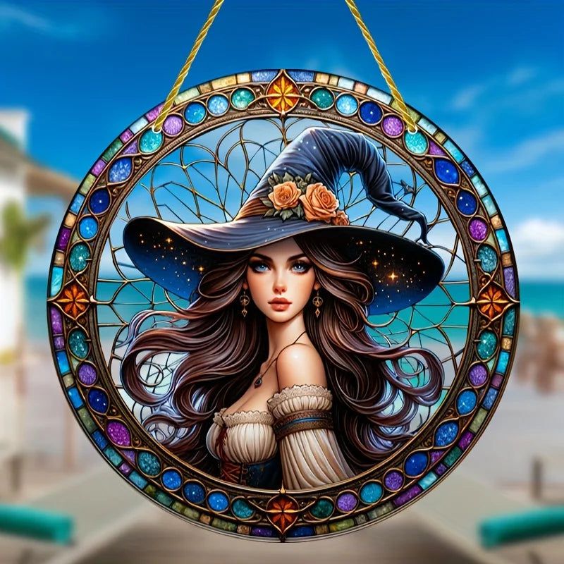 Beautiful Witch Suncatcher Enchanting Acrylic Round Sign Mystic Decor-MoonChildWorld