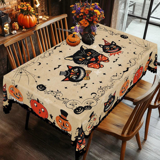 Gothic Black Cat Halloween Tablecloth - Spooky Witch Table Decoration Tablecloth