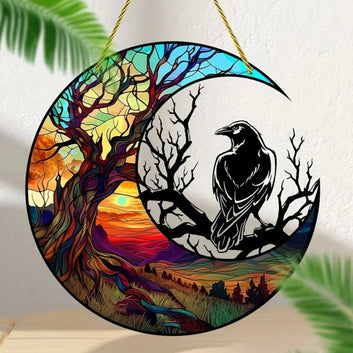 Black Raven Suncatcher Dark Crow Witchy Acrylic Round Sign Gothic Home Decor