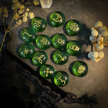 13Pcs Runes Glass Witch Runes Set Green Divination Rune Stone Fortune-telling Reiki Healing Wiccan Spiritual Ritual Gift Decor-MoonChildWorld