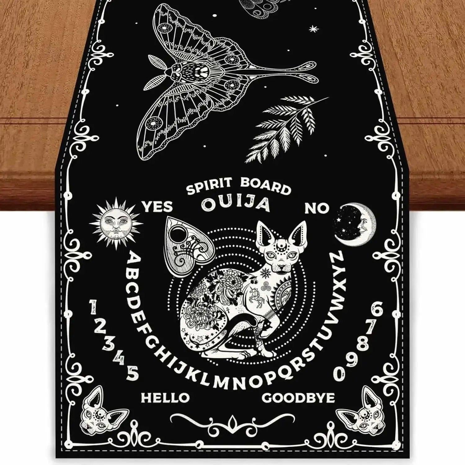 Halloween Witch Ouija Boards Linen Table Runner - Witchy Moth Magic Black Cat Table Runner Gothic Home Decor-MoonChildWorld