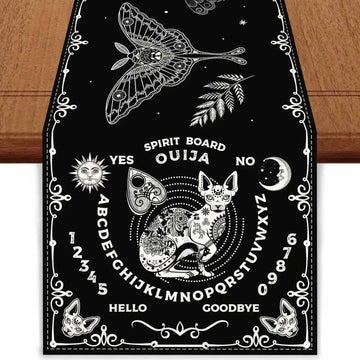 Halloween Witch Ouija Boards Linen Table Runner - Witchy Moth Magic Black Cat Table Runner Gothic Home Decor-MoonChildWorld