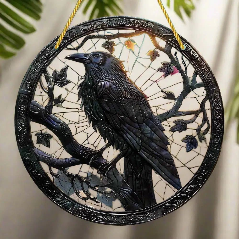 Black Raven Suncatcher Crow Gothic Acrylic Round Sign Halloween Window Hanging Decor-MoonChildWorld