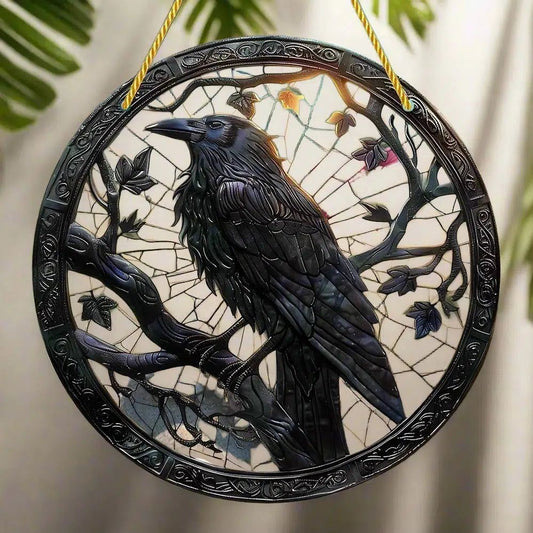 Black Raven Suncatcher Crow Gothic Acrylic Round Sign Halloween Window Hanging Decor