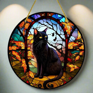 Witchy Black Cat Suncatcher Halloween Gothic Acrylic Round Sign-MoonChildWorld