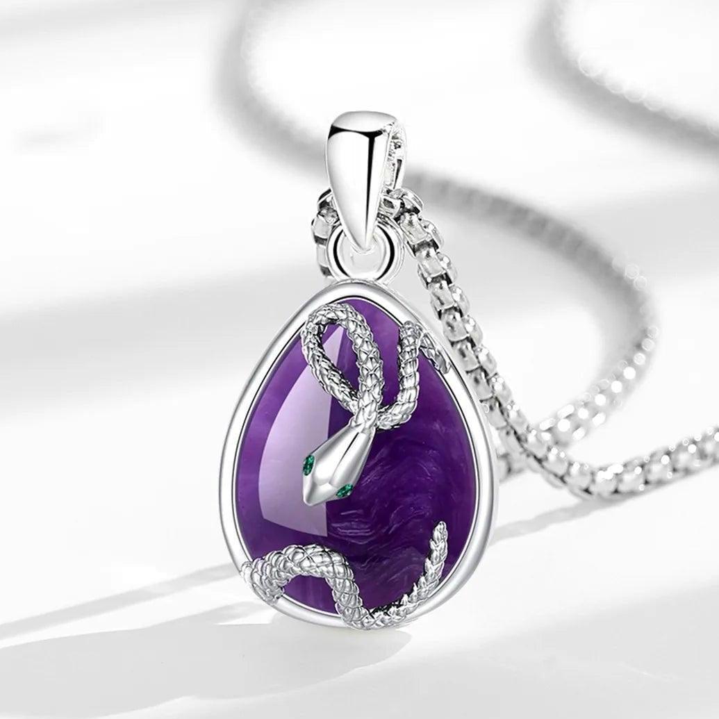 Teardrop Natural Amethyst Snake Necklace Healing Stone Jewelry Witchy Necklace-MoonChildWorld
