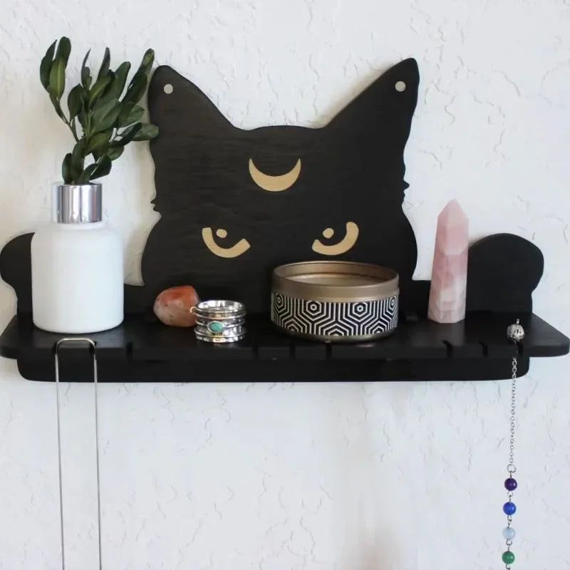 Black cat Crystal Shelf Display Witchy Home Decorations Moon Cat Wooden Shelf-MoonChildWorld