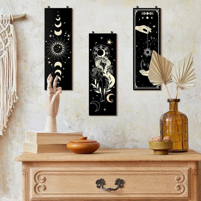 Boho Celestial Wall Decor Set 6Pcs - Wicca Sun Moon Phases Wooden Hanging Signs for Witch Home Decor-MoonChildWorld