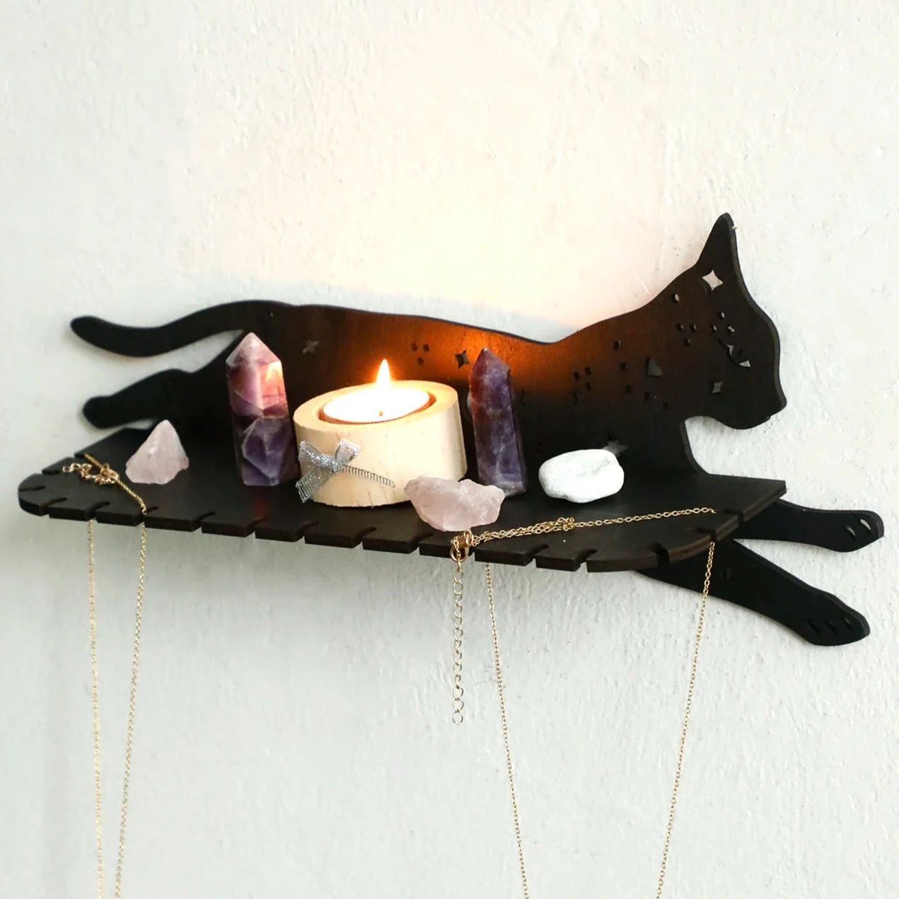 Black Cat Wooden Wall Shelf Gothic Crystal Display Shelf Witchy Room Decoration-MoonChildWorld