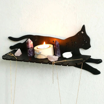 Black Cat Wooden Wall Shelf Gothic Crystal Display Shelf Witchy Room Decoration