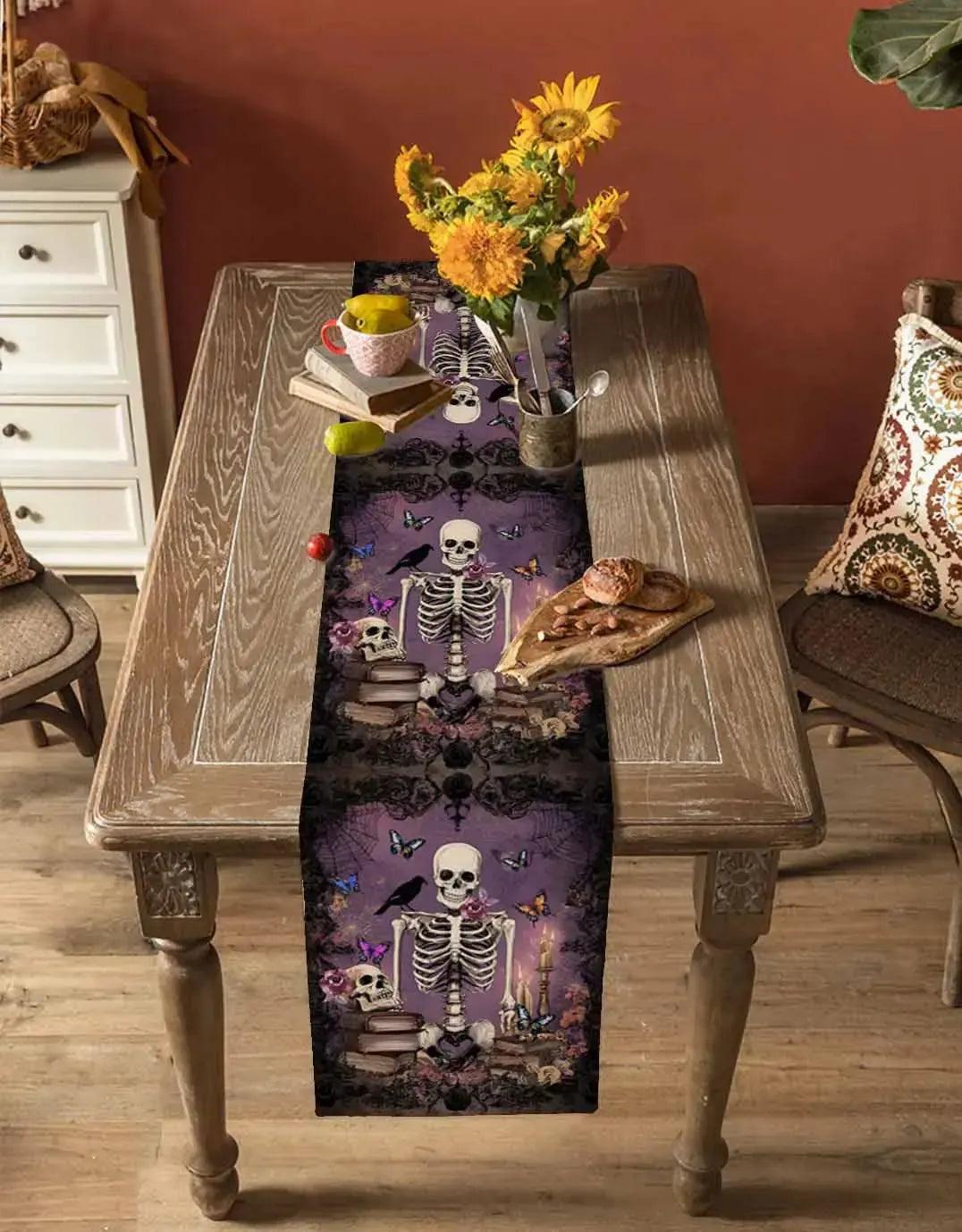 Purple Skull Witch Skeleton Table Runner Gothic Table Runner for Halloween Decor-MoonChildWorld