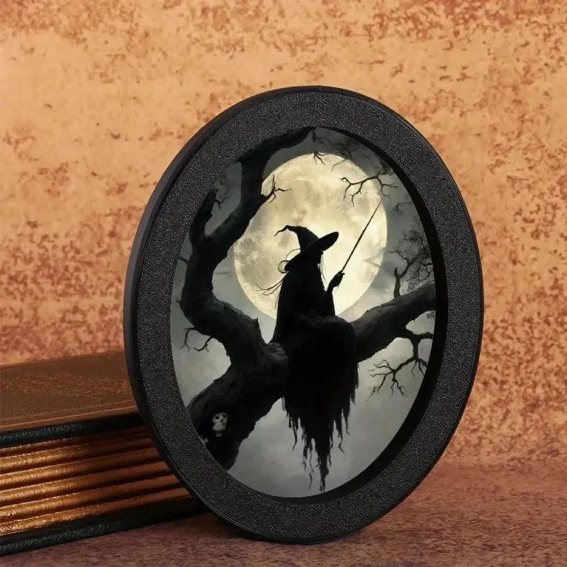 Witch Silhouette Halloween Wall Art - Moon Witch Wooden Oval Frame - Gothic Wall Decoration-MoonChildWorld
