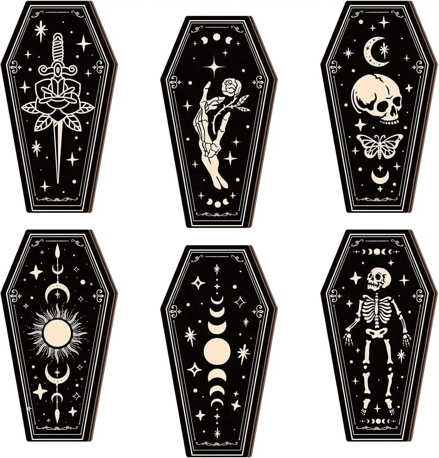 Skelaton Witchy Wall Art Wooden Hanging Signs - Skull Moon Wall Decor Set 6pcs - Gothic Home Decor for Dark Aesthetic-MoonChildWorld