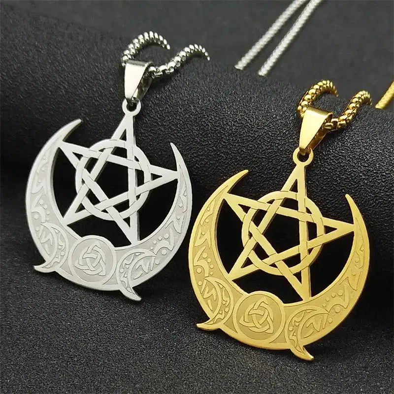 Wicca Triple Moon Pentagram Necklace Witch Trinity Knot Necklace-MoonChildWorld