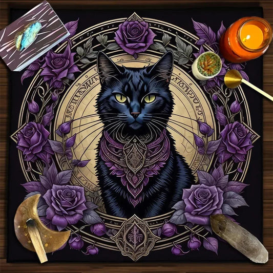 Colorful Mandala Black Cat Altar Cloth Tarot Tablecloth Witchcraft Cat & Moon Starry Sky Divination Cloth