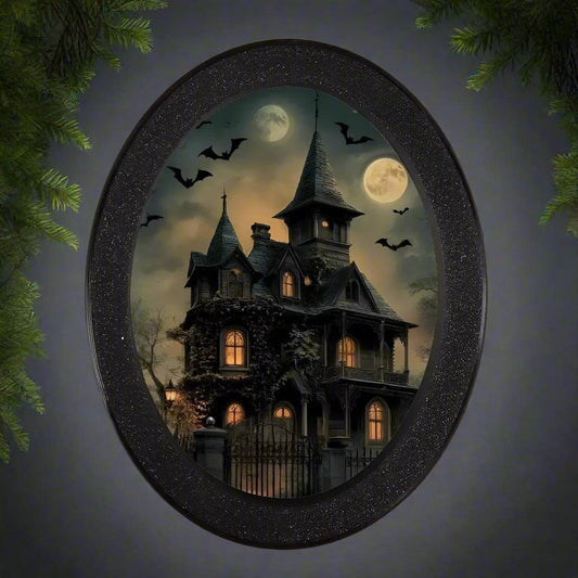 Moon Bats & Haunted House Witch Wooden Oval Frame - Gothic Oval Wall Art - Halloween Wall Decoration