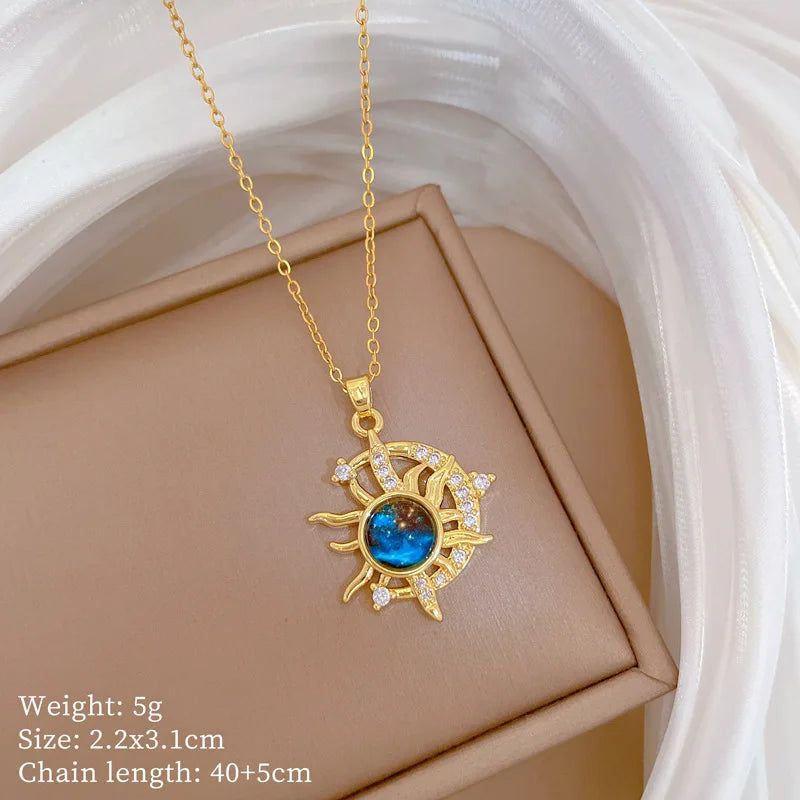 Blue Crystal Sun Moon Necklace Celestial Sun Moon Goddess Necklace Pagan Jewelry-MoonChildWorld