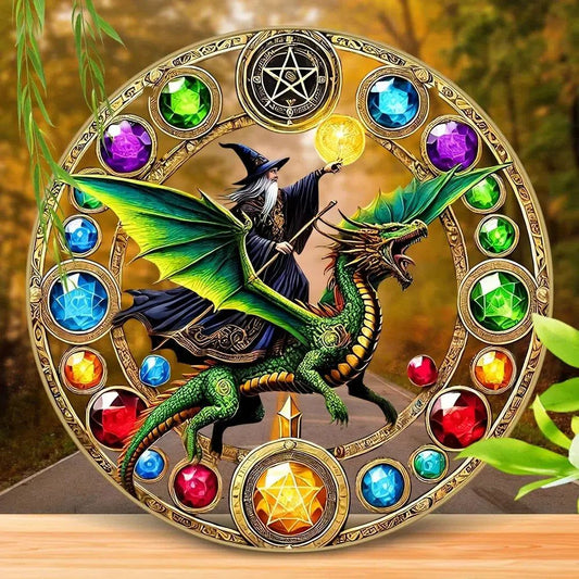 Wizard on Dragon Suncatcher Magic Witch Window Decor