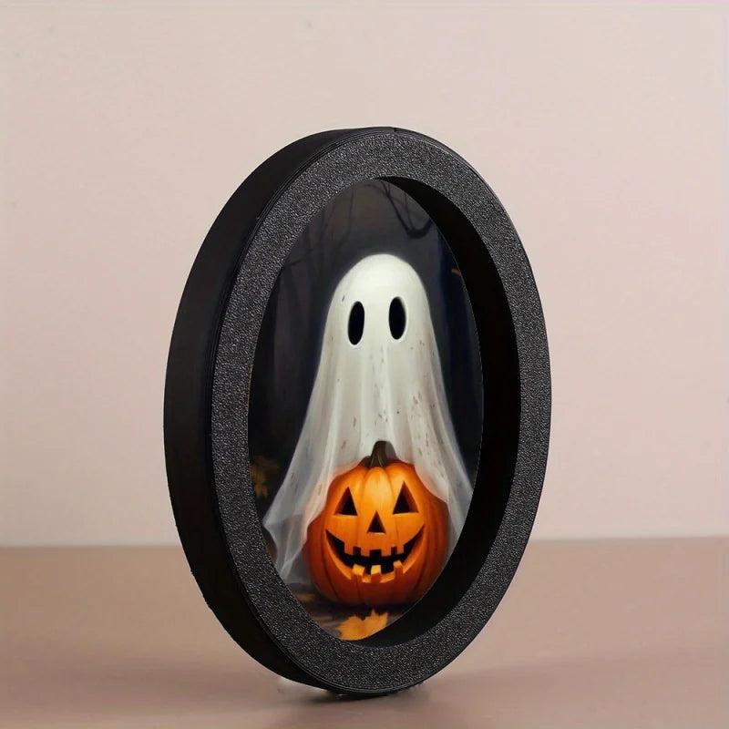 Spooky Ghost with Pumpkin Wooden Oval Frame - Gothic Oval Wall Art Halloween Wall Decoration-MoonChildWorld