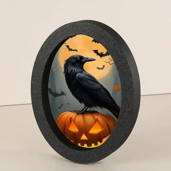 Pumpkin Crow Gothic Wooden Oval Frame - Witchy Raven Oval Wall Art - Halloween Wall Decoration