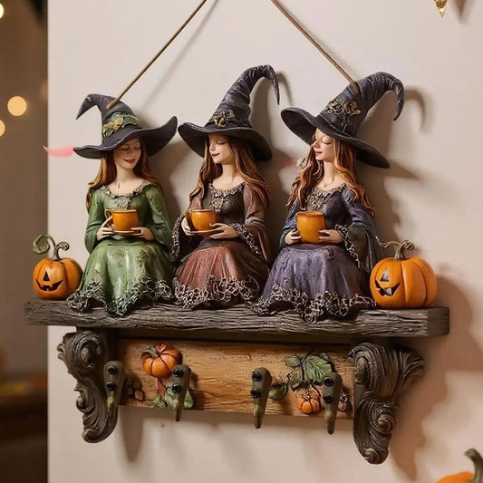 2D Halloween Witch Key Holder Wooden Keychain with Four Metal Hooks