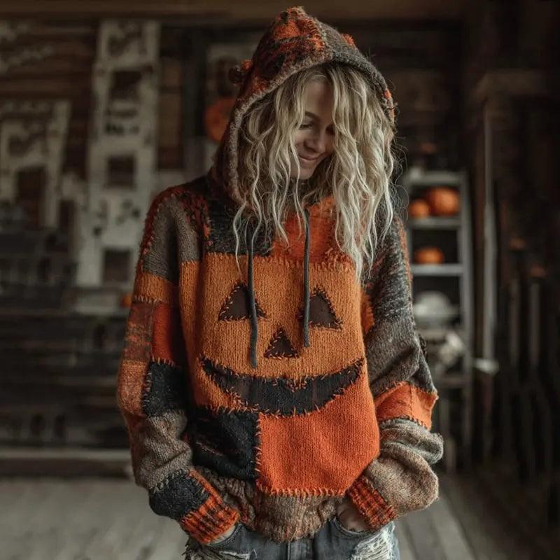Gothic Halloween Oversized Sweaters Horror Black Cat Sweater O Neck Hooded Pullover-MoonChildWorld