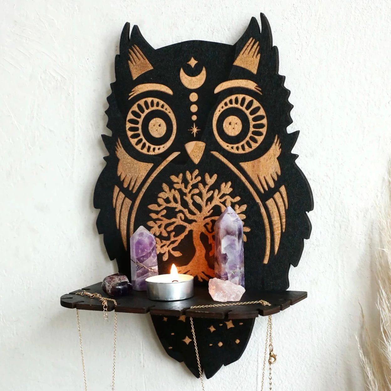 Mystic Owl Wooden Crystal Shelf Witchy Crystal Display Shelf - Spiritual Altar Holder for Crystals, Candles, Jewelry-MoonChildWorld