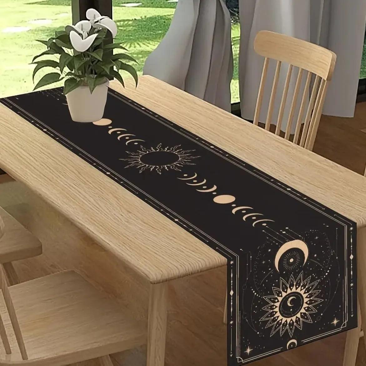Black and Gold Moon Phase Table Runner for Wicca Table Decor-MoonChildWorld