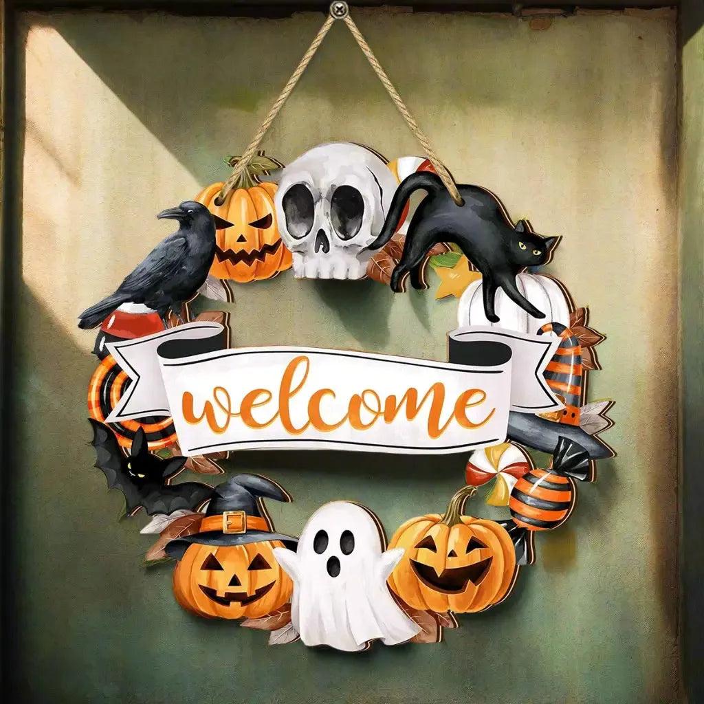 Halloween Welcome Wreath Decor with Cat Raven Skull Pumpkins Ghost - Witch Wooden Sign for Gothic Halloween Decor-MoonChildWorld