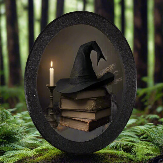 Witch Hat and Spell Books Wooden Oval Frame - Gothic Oval Wall Art - Halloween Wall Decoration