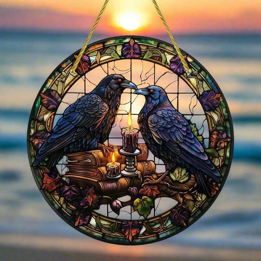 Spell Book and Dark Raven Suncatcher Crow Window Hanging Gothic Crow Suncatcher