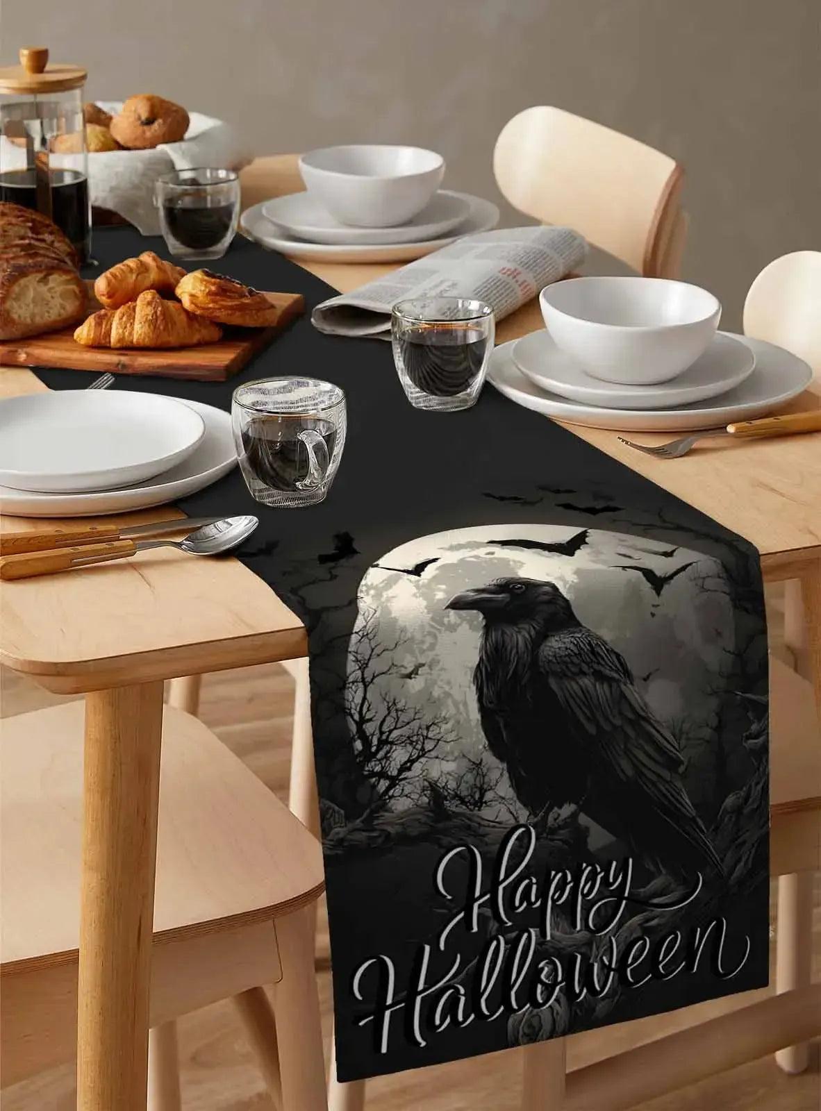 Moon Crow Gothic Table Runner for Halloween Table Decor - Witchy Raven Table Runner-MoonChildWorld