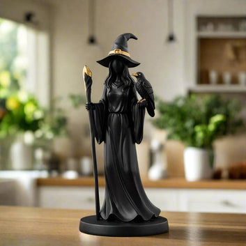 Synthetic Resin Witch Sculpture - Gothic Witch with Raven Figurine for Halloween Decor