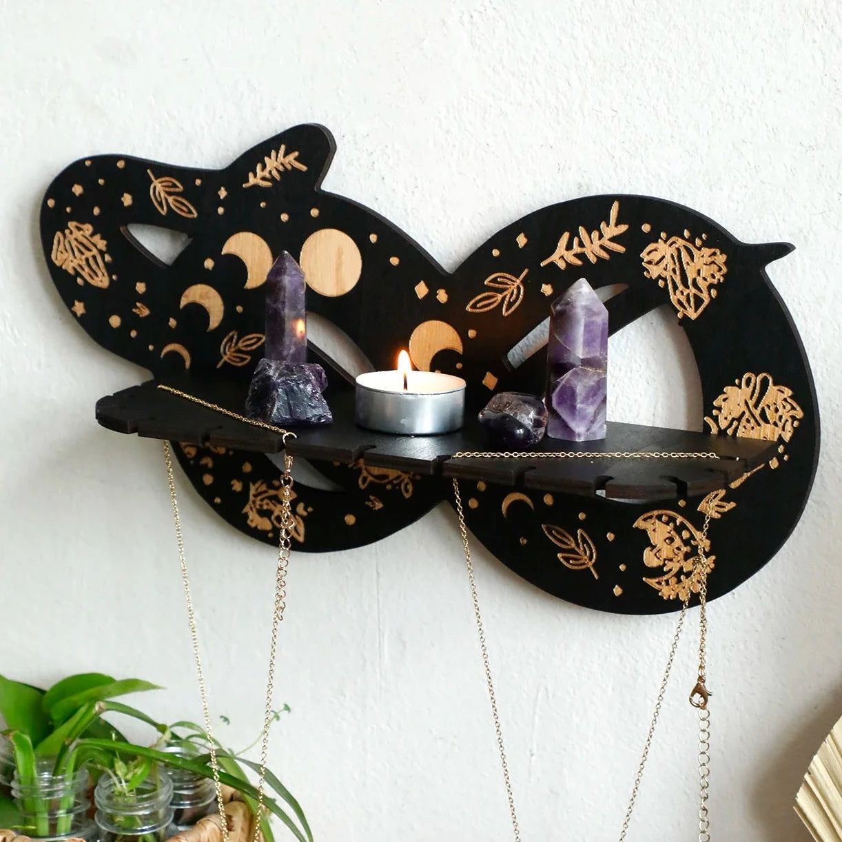 Boho Snake Moon Phases Wooden Crystal Shelf Witchy Crystal Display Shelf - Spiritual Altar Holder for Crystals, Candles, Jewelry-MoonChildWorld