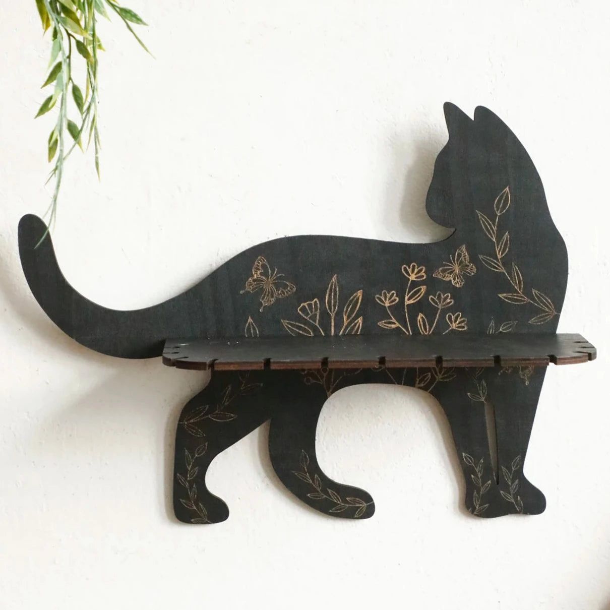 Flower Black cat Crystal Shelf Display Witchy Home Decorations Black Cat Wooden Wall Shelf-MoonChildWorld