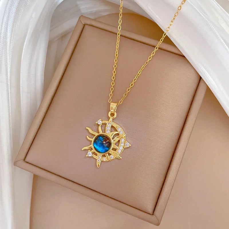 Blue Crystal Sun Moon Necklace Celestial Sun Moon Goddess Necklace Pagan Jewelry-MoonChildWorld