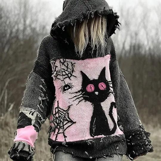 Gothic Halloween Oversized Sweaters Horror Black Cat Sweater O Neck Hooded Pullover-MoonChildWorld