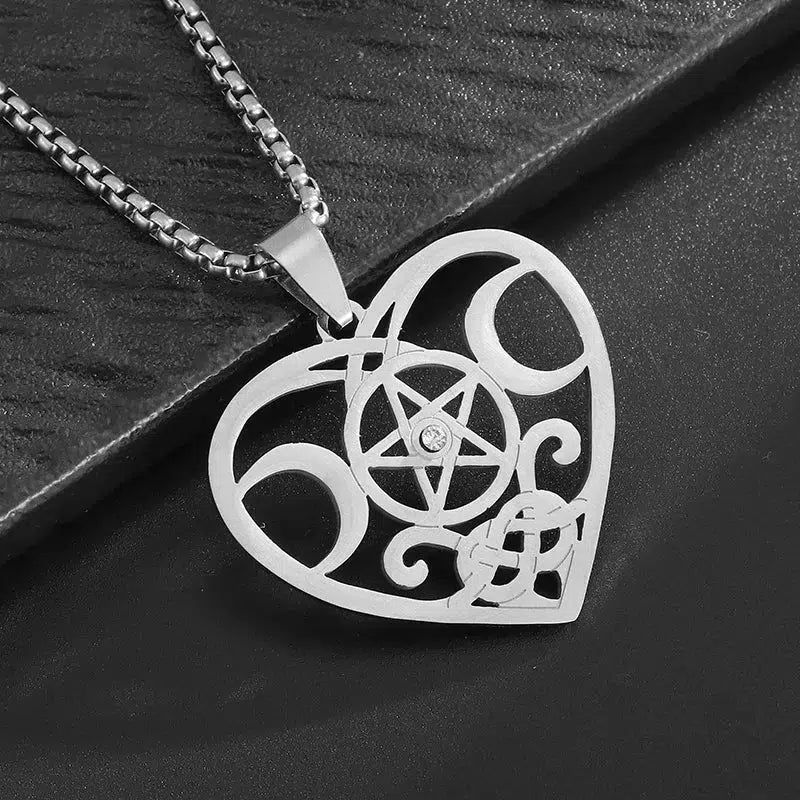 Witchcraft Heart Pentacle Triple moon Necklace Wiccan Jewelry-MoonChildWorld