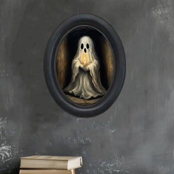 Retro Little Ghost Witch Wooden Oval Frame - Gothic Oval Wall Art - Halloween Wall Decoration