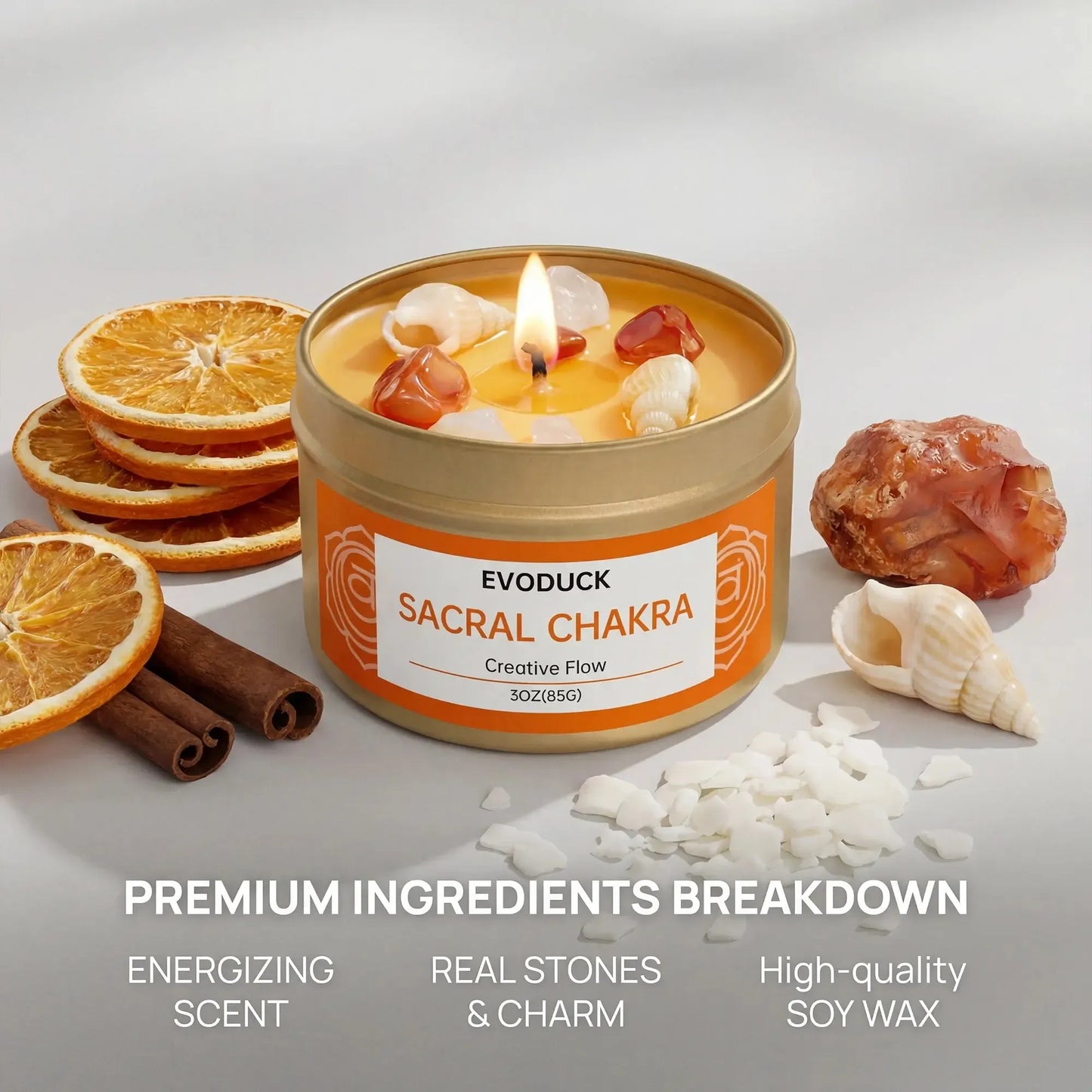 Sacral Chakra candle premium ingredients: energizing scent, real stones and charm, soy wax