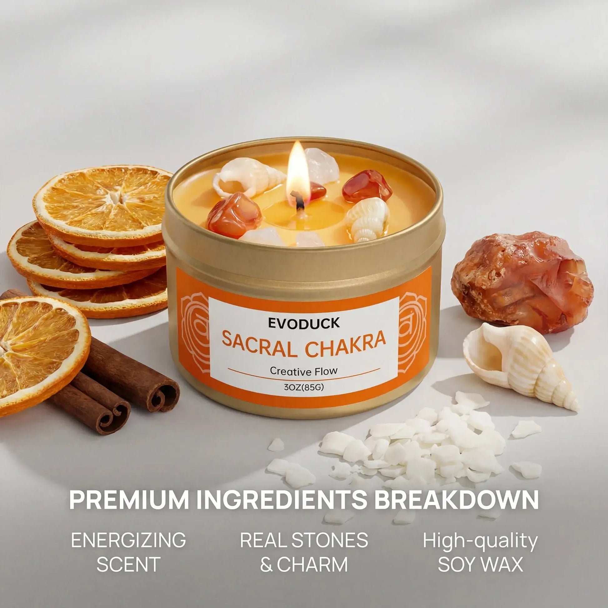Sacral Chakra candle premium ingredients: energizing scent, real stones and charm, soy wax