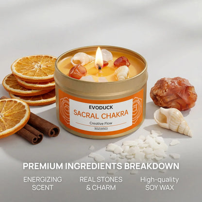 Sacral Chakra candle premium ingredients: energizing scent, real stones and charm, soy wax