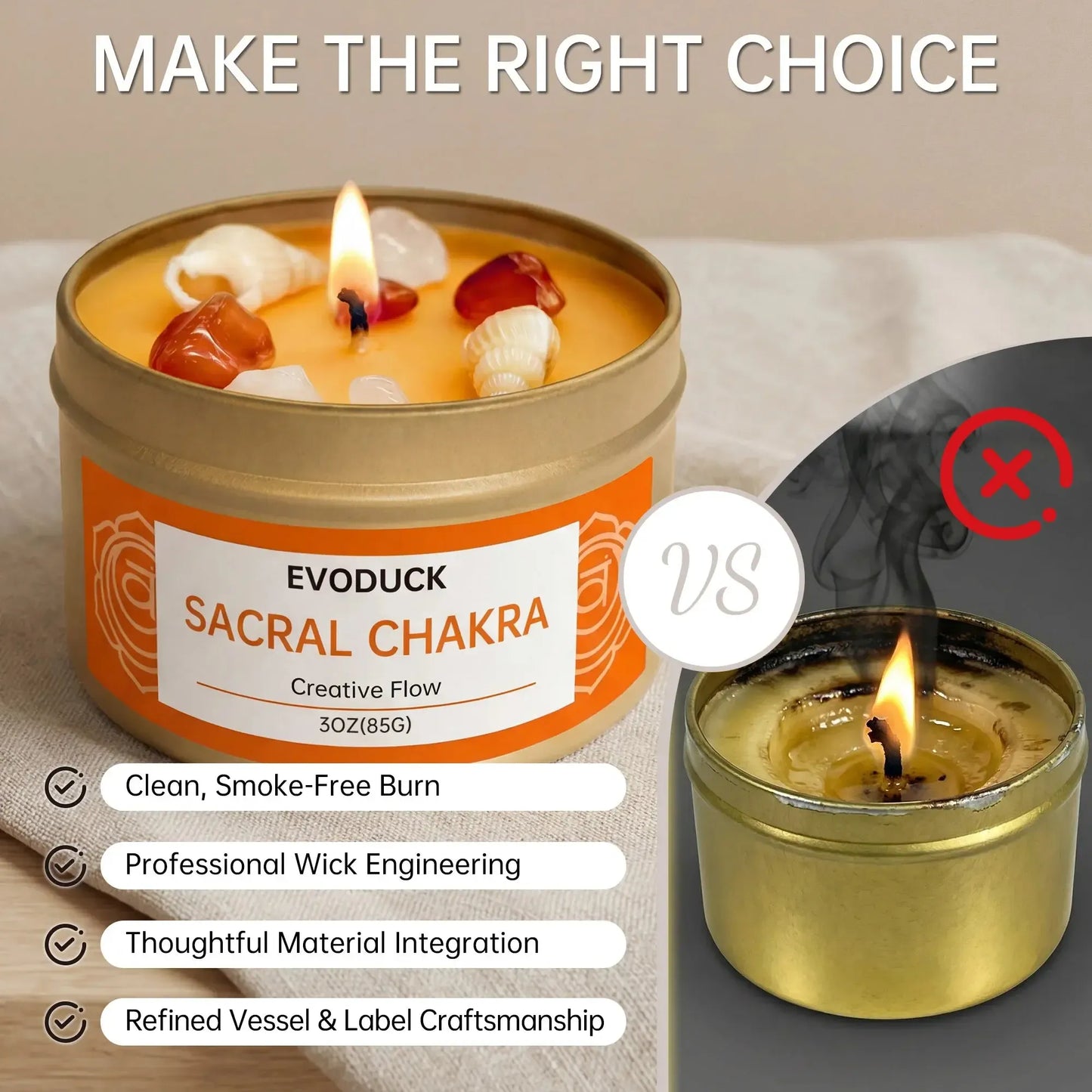 Sacral Chakra crystal candle quality comparison versus a low-quality gold candle