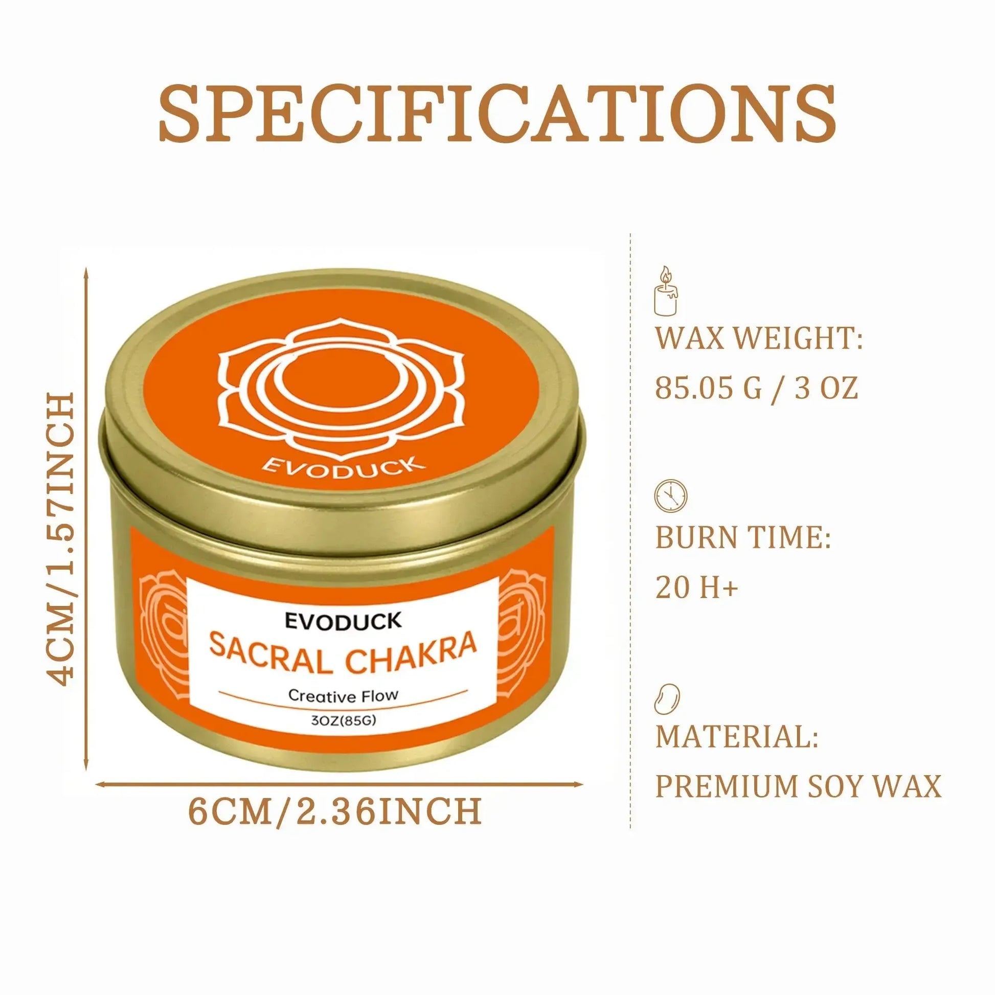 Sacral Chakra candle specifications: wax weight, burn time, soy wax material, and size